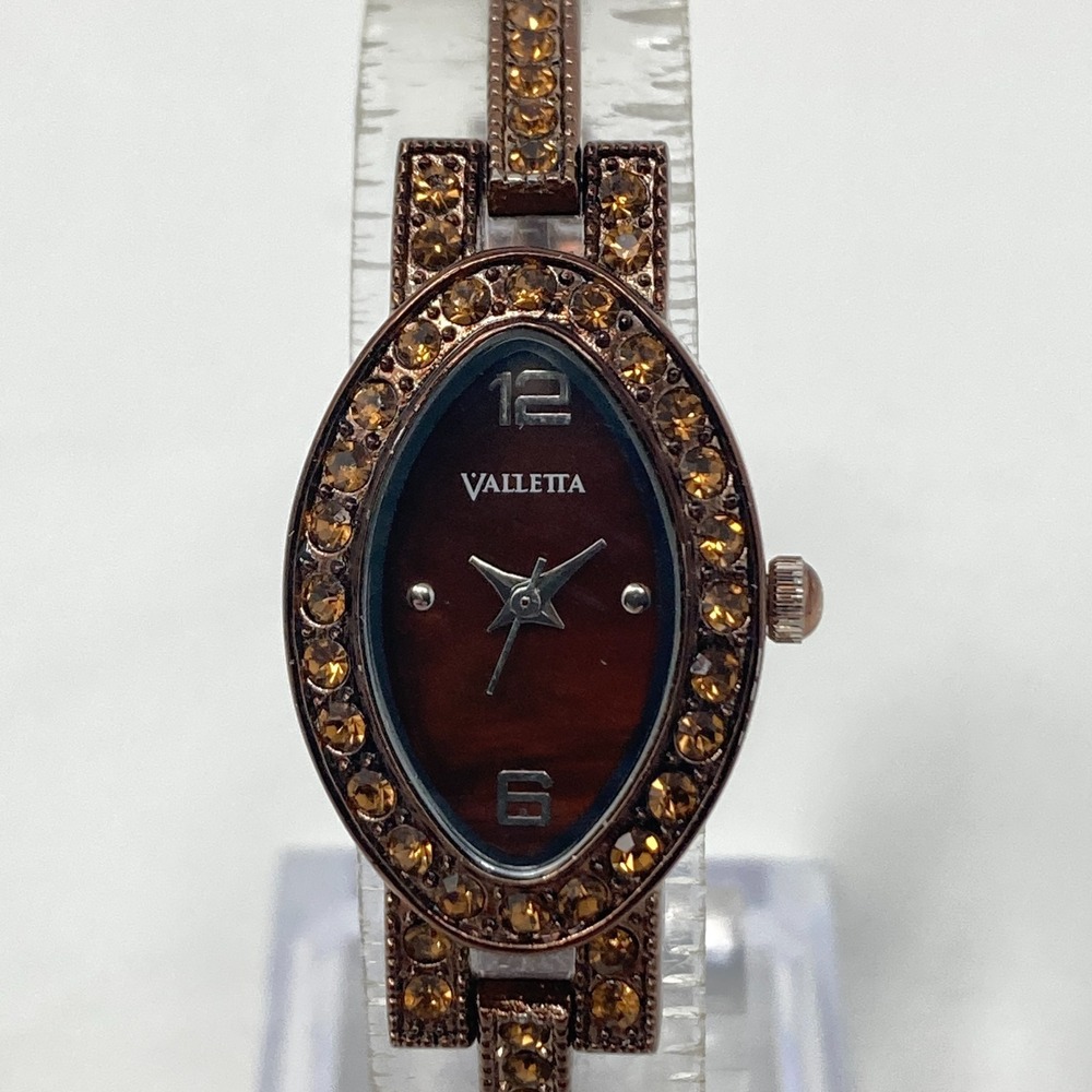 Valletta Watch Women Brown Metallic Orange Crystals Autumn Oval New Battery 6.5" - Picture 2 of 16